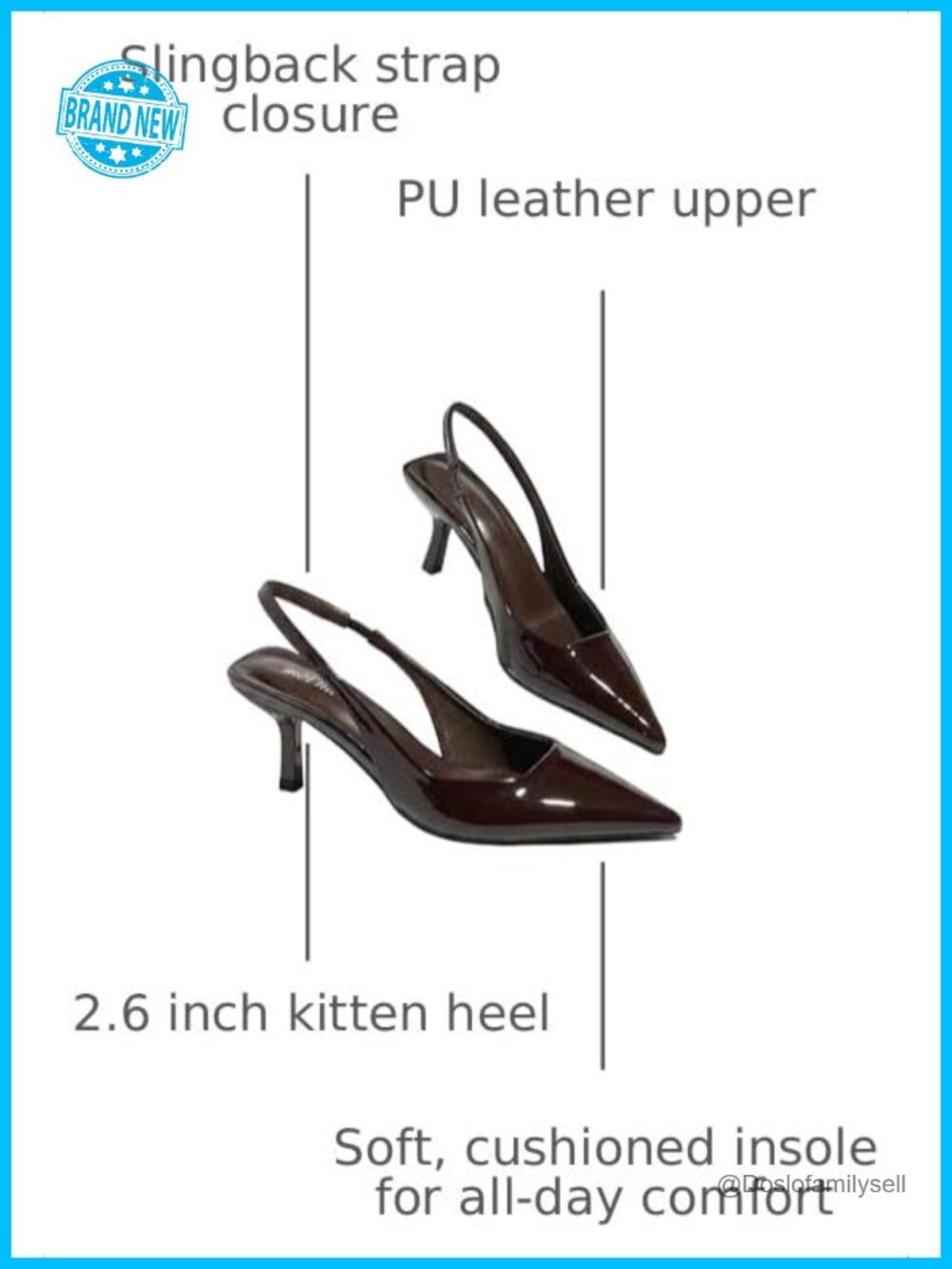 PU Leather Slingback Kitten Heels Pointed Toe Pull-On Pumps - Picture 2 of 5
